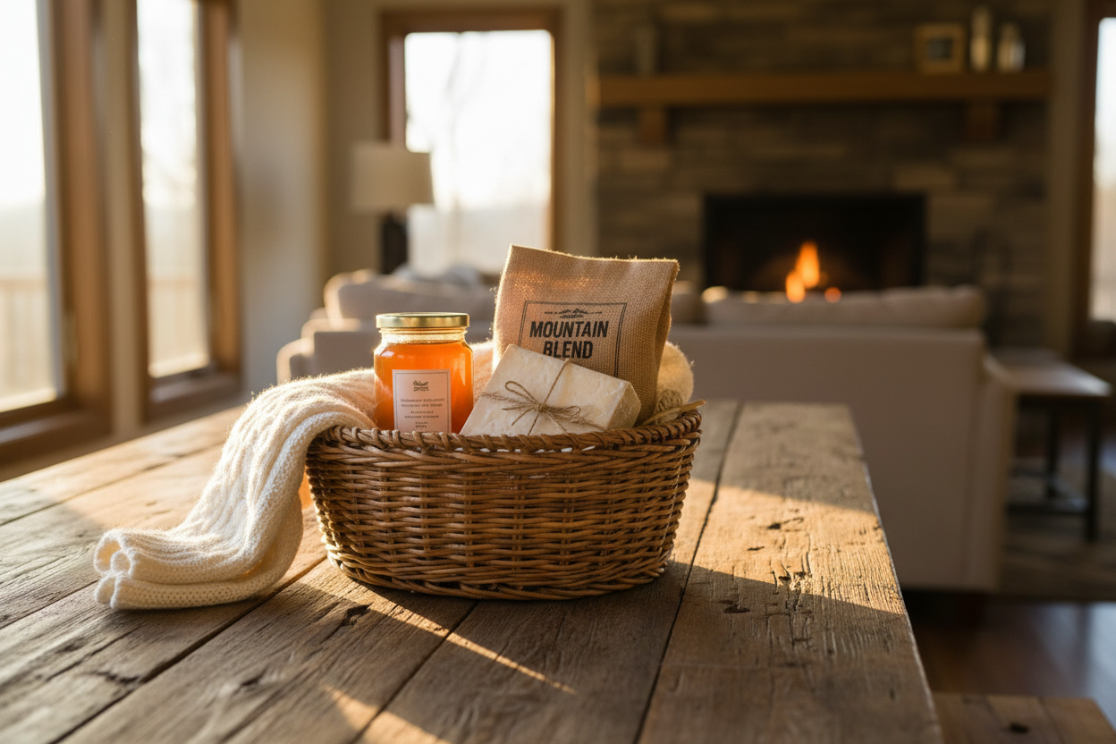 gift basket sitting on a rustic wooden farmhouse table 